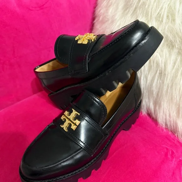 Tory Burch Black chunky Loafers with Gold Logo - Picture 3 of 6